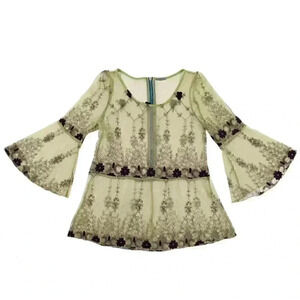 Floral Embroidered Sheer Mesh Peplum Blouse Size Medium Summer Boho Chic Top